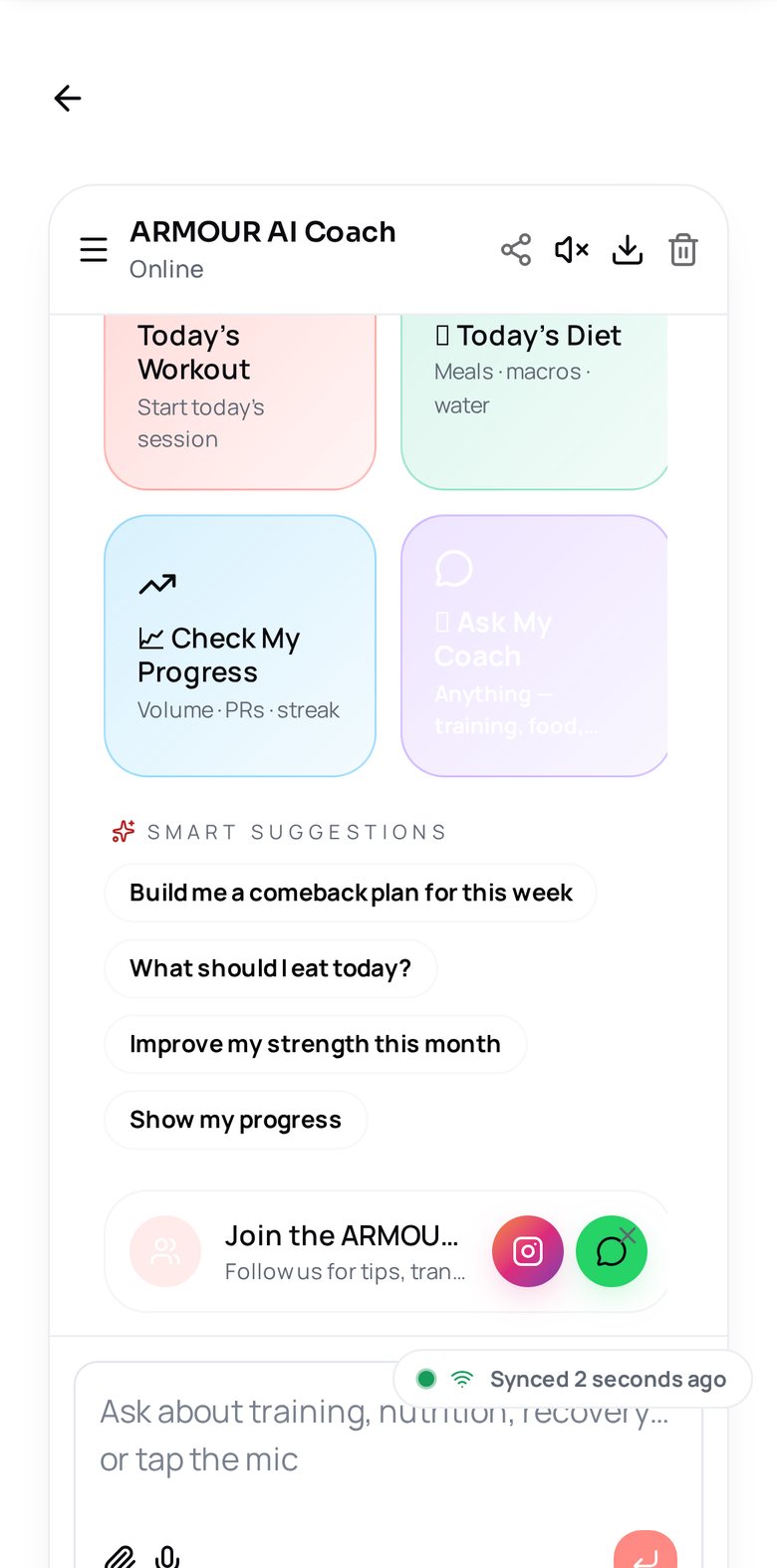 ARMOUR AI Coach screen with personalised training and nutrition suggestions