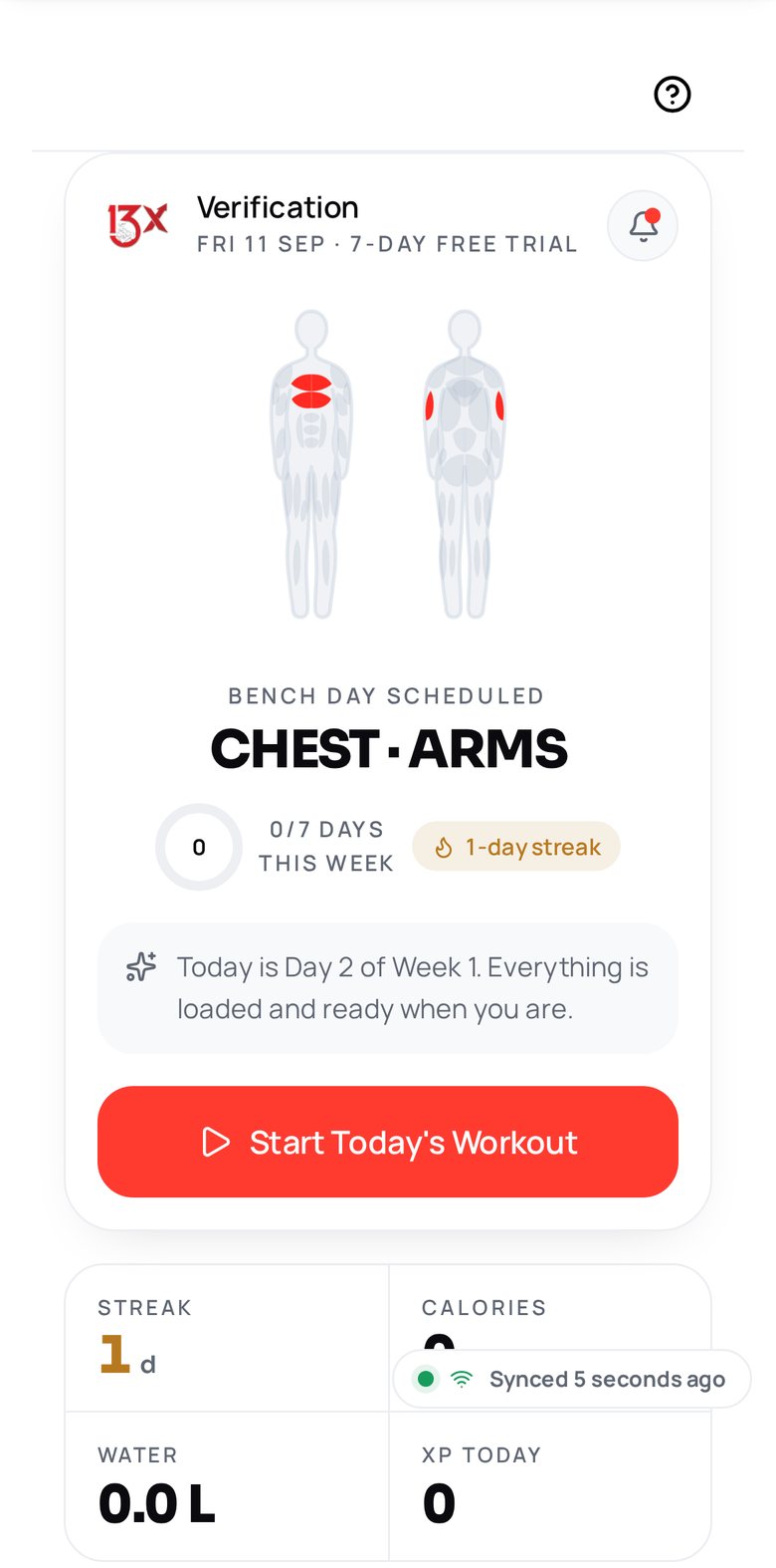 ARMOUR AI dashboard showing a chest and arms muscle map and today's workout