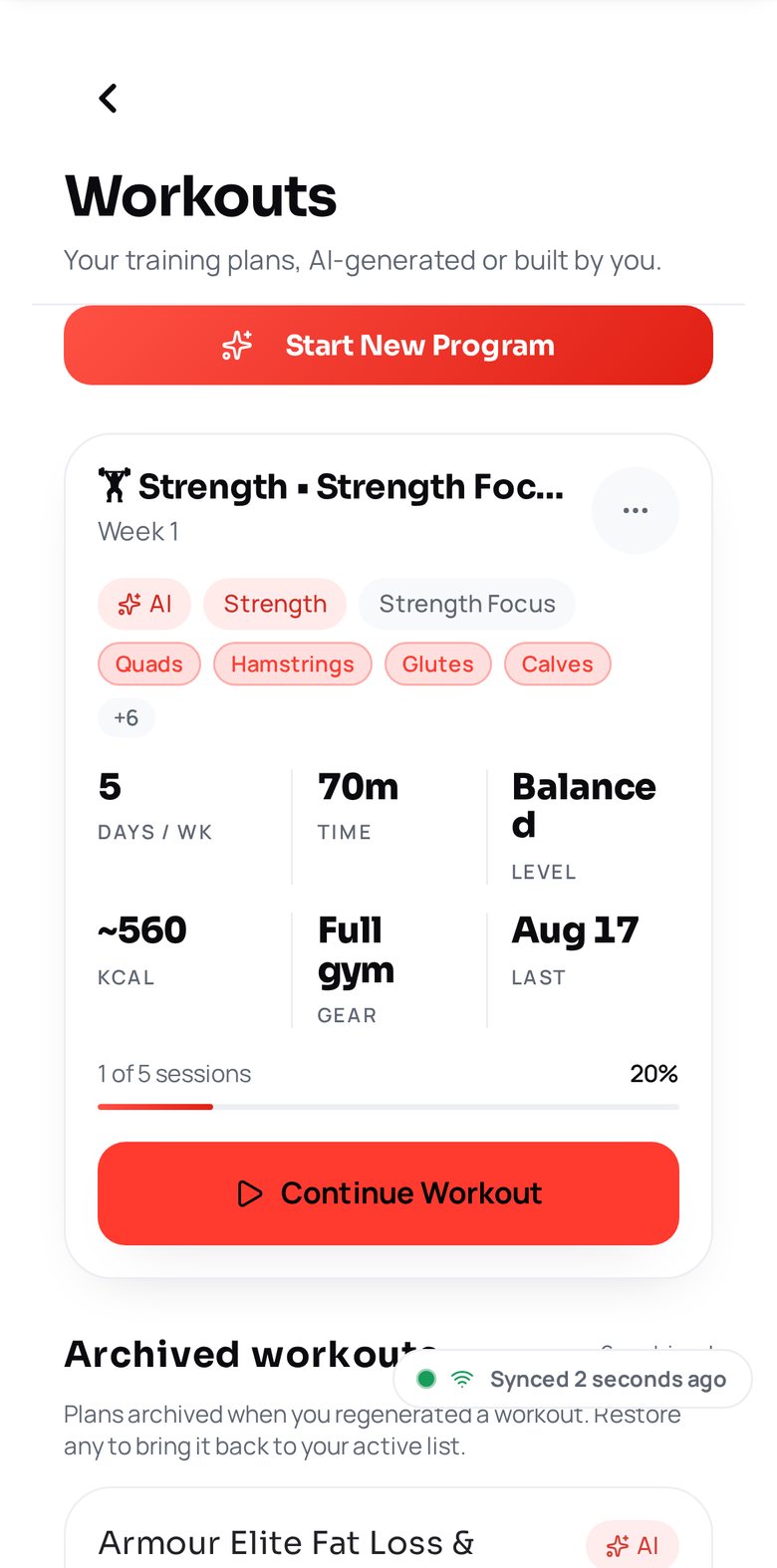 ARMOUR AI workout programme screen with training plan and progress